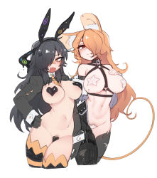 Rule 34 | 2girls, anger vein, animal ear fluff, animal ears, bdsm, between breasts, black hair, black hairband, breasts, closed mouth, collar, cropped legs, fake animal ears, fang, female pubic hair, frown, hair over one eye, hairband, hand on own hip, harness, heart maebari, heart pasties, juliet sleeves, large breasts, long hair, long sleeves, maebari, mismatched pubic hair, mouse ears, mouse girl, mouse tail, multiple girls, navel, necktie, necktie between breasts, nyong nyong, open mouth, orange eyes, orange hair, orange necktie, orange tail, original, pasties, pubic hair, pubic hair peek, puffy sleeves, rabbit ears, red eyes, simple background, slave, star pasties, striped clothes, striped legwear, striped thighhighs, tail, thighhighs, white background