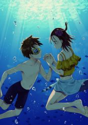 Rule 34 | 1boy, 1girl, absurdres, digimon, goggles, goggles on head, highres, holding hands, katou juri, matsuda takato, underwater