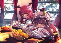 Rule 34 | 2girls, basket, blue bow, blue ribbon, blush, book, bow, closed mouth, commentary request, crescent, crescent hat ornament, cup, curtains, demon tail, dress, fingernails, food, fruit, hair bow, hat, hat ornament, hat ribbon, head wings, highres, indoors, koakuma, kotatsu, long hair, long sleeves, looking at another, looking at object, mandarin orange, mob cap, multiple girls, nail polish, necktie, patchouli knowledge, purple hair, reaching, red eyes, red hair, red nails, red necktie, ribbon, shirt, sidelocks, sleeve cuffs, table, tail, teapot, touhou, v-shaped eyebrows, very long hair, white dress, white headwear, white shirt, window, wings, woruta (soloistlist), yunomi