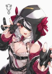 Rule 34 | 1girl, black coat, black gloves, blouse, blurry, blush, breasts, cleavage, coat, depth of field, fingerless gloves, gloves, hololive, holox, large breasts, long sleeves, looking at viewer, nail polish, ohland, one eye covered, open mouth, red eyes, sakamata chloe, sakamata chloe (1st costume), shirt, simple background, smile, solo, virtual youtuber, white background, white hair, white shirt