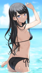 Rule 34 | 1girl, arm up, asato (fadeless), ass, bikini, black bikini, black hair, blue eyes, blurry, blurry background, breasts, closed mouth, cloud, commentary request, day, halterneck, highres, horizon, idolmaster, idolmaster shiny colors, kazano hiori, light blush, long hair, looking at viewer, looking back, mole, mole under mouth, outdoors, shading eyes, side-tie bikini bottom, small breasts, smile, solo, standing, string bikini, swimsuit, wading, water, wet