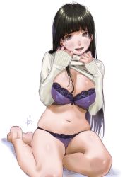 Rule 34 | 1girl, bare legs, barefoot, black hair, blunt bangs, blush, bra, breasts, brown eyes, clothes lift, hands on own chest, highres, kamiyama aya, large breasts, lifting own clothes, long hair, long sleeves, looking at viewer, navel, no pants, open mouth, original, panties, purple bra, purple panties, simple background, sitting, smile, solo, sweater, sweater lift, underwear, white background, white sweater