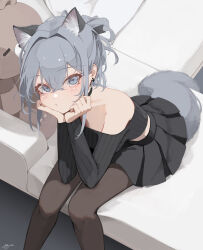 Rule 34 | 1girl, :t, absurdres, animal ear fluff, animal ears, black shirt, black skirt, blush, brown pantyhose, closed mouth, commentary request, couch, crop top, feet out of frame, grey eyes, grey hair, hair between eyes, highres, long sleeves, looking at viewer, mayogii, midriff, off-shoulder shirt, off shoulder, on couch, original, pantyhose, pleated skirt, ribbed shirt, shirt, signature, sitting, skirt, solo, stuffed animal, stuffed toy, tail, teddy bear