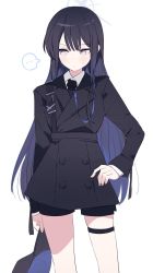 Rule 34 | ..., 1girl, alternate costume, baseball cap, black coat, black hair, black hat, black necktie, black shorts, blue archive, blue eyes, closed mouth, coat, feet out of frame, gradient hair, halo, hand on own hip, hat, highres, holding, holding clothes, holding hat, lapels, light blush, long sleeves, looking away, multicolored hair, necktie, notched lapels, saori (blue archive), shirt, shorts, simple background, solo, speech bubble, thigh strap, unworn hat, unworn headwear, white background, white shirt, ymm007xx