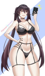 Rule 34 | 1girl, :d, aged up, alternate breast size, aori sora, black bra, black choker, black hair, black nails, blush, bra, breasts, cellphone, choker, commentary, cowboy shot, english commentary, garter belt, genshin impact, hand on own hip, hand up, highres, holding, holding phone, hu tao (genshin impact), large breasts, long hair, looking at viewer, nail polish, navel, open mouth, orange eyes, phone, smartphone, smile, solo, standing, stomach, thigh strap, thighs, twintails, underwear, very long hair
