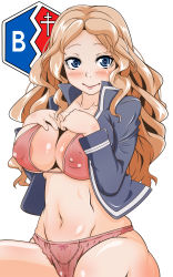 Rule 34 | 1girl, areola slip, bc freedom (emblem), bc freedom military uniform, blue eyes, blue jacket, blush, bow, bow panties, bra, breasts, cleavage, closed mouth, commentary request, covered erect nipples, emblem, girls und panzer, hands on own chest, highres, isabe (girls und panzer), jacket, kuri masa, large breasts, long hair, long sleeves, looking at viewer, military, military uniform, navel, no pants, no shirt, orange hair, panties, partial commentary, pink bra, pink panties, simple background, sitting, skindentation, smile, solo, underwear, uniform, wavy hair, white background