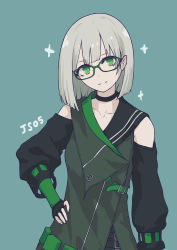 Rule 34 | 1girl, belt, bespectacled, black choker, black gloves, blunt bangs, character name, choker, closed mouth, collarbone, detached sleeves, fingerless gloves, girls&#039; frontline, glasses, gloves, green background, green eyes, green hair, hand on own hip, highres, js05 (girls&#039; frontline), looking at viewer, off shoulder, papaia (quentingqoo), short hair, simple background, smile, solo, sparkle, standing