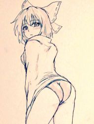 Rule 34 | 1girl, alternate costume, ass, bare legs, breasts, commentary request, cowboy shot, d-m (dii emu), eyelashes, greyscale, hood, hoodie, hoodie tug, long sleeves, looking at viewer, monochrome, one-piece swimsuit, open mouth, sekibanki, short hair, swimsuit, swimsuit under clothes, touhou