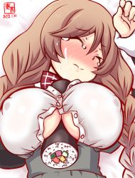 Rule 34 | 1girl, alternate breast size, artist logo, blush, bow, bowtie, braid, breasts, closed eyes, cloud hair ornament, covered erect nipples, dated, food, gloves, gradient hair, hair between eyes, kanon (kurogane knights), kantai collection, large breasts, light brown hair, long hair, low twin braids, lying, makizushi, minegumo (kancolle), multicolored hair, one-hour drawing challenge, open clothes, open shirt, plaid, plaid bow, plaid bowtie, plaid neckwear, red bow, red bowtie, setsubun, sexually suggestive, shirt, simple background, skirt, suggestive fluid, sushi, suspender skirt, suspenders, twin braids, upper body, white background, white gloves, white shirt