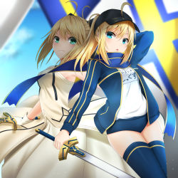 Rule 34 | 2girls, artoria pendragon (all), artoria pendragon (fate), black hat, black thighhighs, blonde hair, blue buruma, blue eyes, blue jacket, blue scarf, blue sky, blurry, blurry background, buruma, caliburn (fate), character name, day, dress, excalibur (fate/stay night), fate (series), gloves, green eyes, gym uniform, hair between eyes, hat, holding, holding sword, holding weapon, jacket, long dress, long hair, looking at viewer, multiple girls, mysterious heroine x (fate), open clothes, open jacket, open mouth, peaked cap, ponytail, saber lily, santarou, scarf, shirt, sidelocks, sky, sleeveless, sleeveless dress, strapless, strapless dress, sword, thighhighs, weapon, white dress, white gloves, white shirt