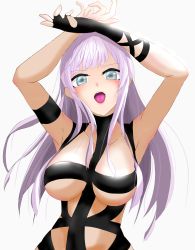Rule 34 | 1girl, armpits, artist request, blush, breasts, collarbone, d4dj, highres, izumo saki, large breasts, long hair, looking at viewer, nude, open mouth, purple hair, grey eyes, simple background, solo, tagme, tongue, tongue out