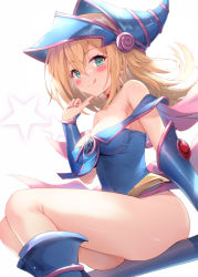 Rule 34 | 1girl, :q, bare shoulders, blonde hair, blue hat, blush stickers, breasts, choker, cleavage, curvy, dark magician girl, duel monster, green eyes, hair between eyes, hat, highres, kimblee, leotard, leotard under clothes, long hair, looking at viewer, magical girl, medium breasts, shiny skin, simple background, sitting, solo, star (symbol), thighs, tongue, tongue out, very long hair, white background, wide hips, wizard hat, yu-gi-oh!