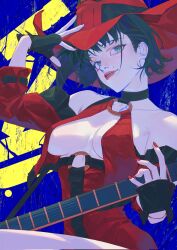 Rule 34 | 1girl, ashina kasa, bare shoulders, black hair, breasts, choker, cleavage, dress, electric guitar, fingerless gloves, gloves, guilty gear, guitar, hat, highres, holding, holding guitar, holding instrument, i-no, instrument, large breasts, looking at viewer, mole, mole above mouth, red dress, red hat, red leather, red lips, short hair, solo, upper body, witch hat