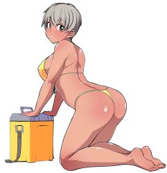 Rule 34 | 1girl, ass, barefoot, bikini, blush, breasts, closed mouth, cooler, copyright request, feet, from side, grey hair, highres, kneeling, large breasts, looking at viewer, looking to the side, miitoban, short hair, simple background, smile, soles, solo, swimsuit, thong bikini, toes, white background, yellow bikini, yellow eyes
