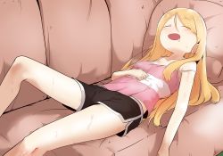 Rule 34 | 1girl, absurdres, bad id, bad pixiv id, blonde hair, blush, bural chingu, couch, drooling, full body, hair between eyes, highres, lee ji-min, long hair, on couch, open mouth, saliva, shorts, sleeping, smile, solo, strap slip, sweat, tank top, wweed