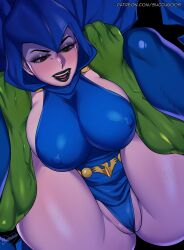 1boy 1girl absurdres artist_name beast_boy_(dc) black_eyes black_lips blue_cape blue_hood blue_leotard blue_thighhighs breasts cape clenched_hands colored_skin covered_erect_nipples dc_comics green_skin highres hood hooded_cape large_breasts leotard narrowed_eyes open_mouth pale_skin patreon_username raven_(dc) reverse_suspended_congress sex_from_behind sideboob solo_focus spread_legs succuboos teen_titans teeth thick_thighs thighhighs thighs upper_teeth_only veins veiny_arms watermark web_address