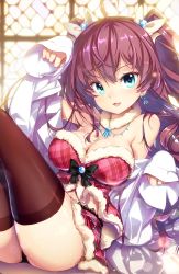 Rule 34 | 10s, 1girl, :3, bare shoulders, blue eyes, blush, breasts, brown hair, cleavage, hong (white spider), ichinose shiki, idolmaster, idolmaster cinderella girls, large breasts, long hair, looking at viewer, open mouth, panties, pantyshot, sitting, sleeves past wrists, smile, solo, thighhighs, two side up, underwear