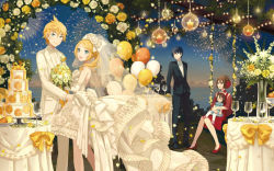 Rule 34 | 2boys, 3girls, alternate costume, balloon, blonde hair, blue dress, blue eyes, bouquet, bow, bridal veil, bride, brown hair, cake, candle, child, couple, cover, cover page, cup, dress, drinking glass, evening, family, fang, father and daughter, fire flower (vocaloid), fireworks, flower, food, formal, fruit, hair between eyes, high heels, husband and wife, if they mated, ixima, jacket, kagamine len, kagamine rin, kaito (vocaloid), looking at viewer, medium hair, meiko (vocaloid), mother and daughter, multiple boys, multiple girls, novel cover, official art, orange (fruit), orange flower, orange rose, orange slice, red dress, red footwear, ribbon, rose, short hair, smile, standing, suit, suit jacket, textless version, veil, vocaloid, wedding, wedding cake, wedding dress, white dress, yellow bow, yellow flower, yellow ribbon, yellow rose, yellow theme