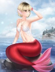Rule 34 | 1girl, armpits, artist name, blonde hair, breasts, brown eyes, closed mouth, cloud, collarbone, commentary, commission, english commentary, fins, freckles, full body, gigamessy, hand up, head fins, heather mason, highres, jewelry, medium breasts, mermaid, monster girl, monsterification, navel, ocean, outdoors, pendant, rock, scales, short hair, silent hill (series), silent hill 3, sitting, snowing, solo, water, watermark