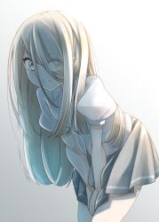 Rule 34 | 1girl, brown eyes, closed mouth, collared shirt, comah, eyes visible through hair, gradient background, grey background, grey hair, grey skirt, hair over one eye, highres, leaning forward, long hair, looking at viewer, original, pleated skirt, puffy short sleeves, puffy sleeves, shirt, short sleeves, skirt, smile, solo, very long hair, white background, white shirt