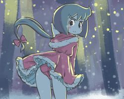 Rule 34 | 1girl, ass, backlighting, black hair, blush stickers, bow, christmas, commentary, constanze amalie von braunschbank-albrechtsberger, hair bow, little witch academia, long hair, looking at viewer, looking back, orenji (orenjipiiru), outdoors, panties, pantyshot, ponytail, red panties, santa costume, snowing, solid eyes, solo, standing, thick eyebrows, thighs, underwear, wind, wind lift
