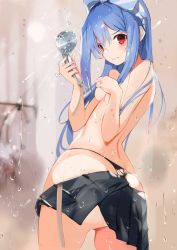Rule 34 | 1girl, ass, black panties, black skirt, blue bow, blue hair, blush, bow, breasts, commentary request, covering privates, covering breasts, cowboy shot, hair bow, hands up, highres, hinanawi tenshi, holding, indoors, long hair, looking at viewer, miniskirt, no headwear, panties, red eyes, shower head, sidelocks, skirt, small breasts, solo, standing, tetsurou (fe+), topless, touhou, twisted torso, underwear, water drop