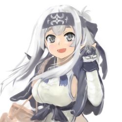 Rule 34 | 10s, 1girl, ainu clothes, bad id, bad pixiv id, bandana, basket, gauntlets, grey eyes, headband, highres, kamoi (kancolle), kantai collection, looking at viewer, miyako (miyako lplover), open mouth, simple background, solo, thick eyebrows, upper body, white background, white hair