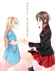 Rule 34 | 2girls, age difference, aged down, black footwear, black headwear, black jacket, black legwear, blue dress, blue eyes, blush, boots, braid, braided ponytail, brown eyes, brown hair, closed mouth, commentary, darjeeling (girls und panzer), dress, dress shirt, english text, floral background, frilled dress, frills, garrison cap, girls und panzer, happy birthday, hat, unworn hat, unworn headwear, holding, holding clothes, holding hands, holding hat, insignia, inu0831, jacket, kuromorimine military uniform, long hair, long sleeves, looking at another, medium dress, military, military hat, military uniform, miniskirt, multiple girls, nishizumi maho, on one knee, onee-loli, pantyhose, pleated skirt, red shirt, shirt, short hair, short sleeves, single braid, skirt, smile, socks, standing, uniform, white background, white legwear, yuri