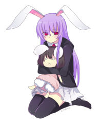 Rule 34 | 1girl, 2girls, animal ears, bad id, bad pixiv id, doll, female focus, full body, harano, inaba tewi, kneeling, long hair, multiple girls, rabbit ears, reisen udongein inaba, simple background, sitting, solo, thighhighs, touhou, white background