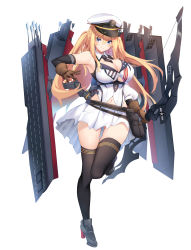 Rule 34 | 1girl, absurdres, american flag, american flag print, armpits, belt, between breasts, black thighhighs, blonde hair, blue eyes, blue oath, blush, bow (weapon), breasts, brown gloves, cleavage, flag print, full body, gloves, hat, highres, holding, holding bow (weapon), holding weapon, large breasts, leg up, long hair, looking at viewer, military, military uniform, nakatama kyou, navel, necktie, necktie between breasts, original, peaked cap, rigging, rudder footwear, simple background, skirt, smile, solo, thighhighs, thighs, two side up, uniform, weapon, white background, white skirt