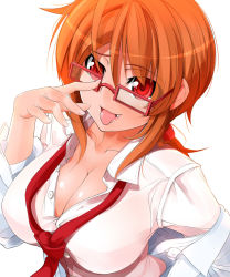 Rule 34 | 1girl, :p, adjusting eyewear, breasts, character request, cleavage, dress shirt, duplicate, fang, fingernails, glasses, highres, huge breasts, large breasts, long hair, looking at viewer, low ponytail, naughty face, necktie, no bra, off shoulder, orange hair, ponytail, potion (moudamepo), red eyes, red necktie, shirt, solo, source request, tongue, tongue out, unbuttoned, upper body
