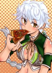 Rule 34 | 10s, asymmetrical hair, bare shoulders, braid, breasts, cleavage cutout, clothing cutout, cloud print, crop top, detached sleeves, eating, food, hair ornament, highres, kantai collection, large breasts, long hair, looking at viewer, midriff, pizza, short sleeves, silver hair, single braid, solo, unryuu (kancolle), very long hair, wavy hair, yellow eyes