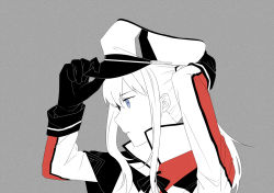 Rule 34 | 1girl, adjusting clothes, adjusting headwear, asakawa shinka, bad id, bad pixiv id, black gloves, blue eyes, capelet, celtic knot, commentary request, from side, gloves, graf zeppelin (kancolle), grey background, hat, kantai collection, long sleeves, military, military hat, military uniform, neck ribbon, partially colored, peaked cap, ribbon, sidelocks, simple background, solo, twintails, uniform