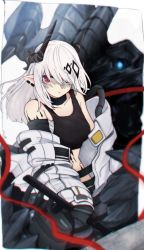 Rule 34 | 1girl, absurdres, arknights, bare shoulders, choker, closed mouth, demon girl, demon horns, ear piercing, elite ii (arknights), hammer, highres, holding, holding weapon, horns, long hair, material growth, mudrock (arknights), mudrock (elite ii) (arknights), oripathy lesion (arknights), piercing, red eyes, sarashi, sasahara (shou goi), solo, weapon, white hair