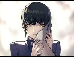 Rule 34 | 2boys, androgynous, aogami (megami tensei), backlighting, black hair, blue jacket, closed mouth, commentary request, eyelashes, hand on another&#039;s face, hands up, jacket, letterboxed, male focus, morimiya (kuroro), multiple boys, pov, protagonist (smtv), shin megami tensei, shin megami tensei v, short hair, single sidelock, smile, solo focus, yaoi, yellow eyes