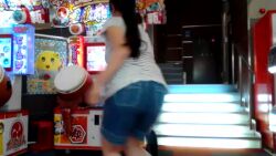 Rule 34 | animated, arcade, asian, ass, bumping, don-chan (taiko no tatsujin), downblouse, drum, drumsticks, glasses, instrument, japanese (nationality), ponytail, real life, shirt, shorts, skirt, stairs, striped clothes, striped shirt, tagme, taiko drum, taiko no tatsujin, video, wada don