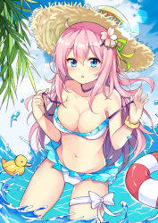 Rule 34 | 1girl, :o, absurdres, bad id, bad pixiv id, bikini, blue eyes, blue sky, breasts, choker, cleavage, cloud, collarbone, day, feng mao mc, flower, frilled bikini, frills, hair flower, hair ornament, hair ribbon, hat, highres, innertube, leaf, lens flare, looking at viewer, medium breasts, navel, ocean, original, outdoors, parted lips, pink hair, ribbon, rubber duck, scrunchie, sidelocks, sky, standing, straw hat, swim ring, swimsuit, thigh gap, thigh strap, thighs, water drop, waves, white bikini