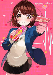 Rule 34 | 1girl, :&lt;, black skirt, blazer, blue jacket, blush, brown eyes, brown hair, brown sweater, buttoned cuffs, buttons, candy, cardiogram, chocolate, chocolate bar, closed mouth, collared shirt, commentary request, diagonal-striped clothes, diagonal-striped necktie, diagonal-striped neckwear, food, hair ornament, hairclip, heart, highres, holding, holding food, jacket, long sleeves, looking at viewer, necktie, official art, open clothes, open jacket, original, outstretched arm, pink background, pleated skirt, red necktie, shirt, single hair intake, skirt, sleeves past wrists, solo, striped clothes, striped necktie, striped neckwear, sweater, translation request, valentine, white shirt, yuu (higashi no penguin)