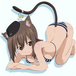 Rule 34 | 10s, 1girl, all fours, animal ears, ass, bikini, blush, breasts, brown eyes, brown hair, cat ears, cat tail, collarbone, female focus, full body, girls und panzer, hat, looking at viewer, medium breasts, medkzk, nishizumi maho, short hair, simple background, smile, solo, striped bikini, striped clothes, swimsuit, tail, top-down bottom-up, white background