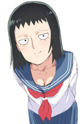 Rule 34 | 10s, 1girl, black hair, breasts, cleavage, kurata tome, mob face, mob psycho 100, school uniform, serafuku, short hair, simple background, solo, tenchisouha, white background