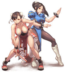 Rule 34 | 2girls, artist request, boots, bracelet, breasts, brown legwear, bun cover, capcom, china dress, chinese clothes, chun-li, cleavage, closed mouth, collarbone, commentary, cosplay, costume switch, cross-laced footwear, double bun, dress, earrings, fatal fury, female focus, fighting stance, floral print, full body, gold trim, hair bun, hand fan, hand on own hip, highres, holding, japanese clothes, jewelry, knee boots, lace-up boots, large breasts, lips, long hair, looking at viewer, makeup, multiple girls, ninja, pantyhose, pelvic curtain, ponytail, puffy short sleeves, puffy sleeves, revealing clothes, shadow, shiny clothes, shiranui mai, short sleeves, simple background, sleeveless, smile, spiked bracelet, spikes, street fighter, street fighter ii (series), the king of fighters, thighs, white background, white footwear