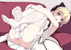 Rule 34 | 1girl, ahoge, armpits, artoria pendragon (all), artoria pendragon (fate), ass, bare shoulders, blonde hair, blush, covering privates, covering crotch, dress, fate/grand order, fate/stay night, fate/unlimited codes, fate (series), feet, foot focus, gloves, green eyes, hair ribbon, highres, hugging own legs, knees to chest, legs, legs up, long hair, looking at viewer, lying, on back, open mouth, ponytail, ribbon, ruton-niki, saber (fate), saber lily, sleeveless, sleeveless dress, smile, soles, solo, thighhighs, toes, white dress, white gloves, white thighhighs