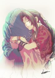 Rule 34 | 1girl, 1other, aerith gainsborough, bangle, bracelet, braid, braided ponytail, brown hair, choker, closed eyes, cropped jacket, crossed arms, dress, feet out of frame, final fantasy, final fantasy vii, final fantasy vii remake, ghost, hair ribbon, highres, hug, jacket, jewelry, long dress, long hair, moriiiiiiiiiinn, parted bangs, pink dress, pink ribbon, red jacket, ribbon, ribbon choker, short sleeves, sidelocks, signature, simple background, smile, square enix, train graveyard, vignetting, wavy hair
