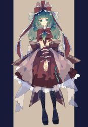 Rule 34 | 1girl, black footwear, blunt bangs, boots, bound, bound wrists, bow, bowtie, commentary, cross-laced footwear, dress, frilled ribbon, frills, full body, green eyes, green hair, hair ribbon, highres, kagiyama hina, looking at viewer, medium hair, nikorashi-ka, own hands clasped, own hands together, petticoat, puffy short sleeves, puffy sleeves, red bow, red dress, red ribbon, ribbon, short sleeves, sidelocks, solo, symbol-only commentary, touhou