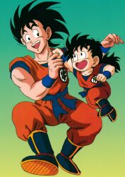 Rule 34 | absurdres, black eyes, black hair, dragon ball, father and son, fighting, fighting stance, happy, highres, official art, punching, smile, son gohan, son goku, tagme, training