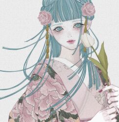 Rule 34 | 1girl, aqua eyes, aqua hair, blunt bangs, closed mouth, commentary request, flower, hair flower, hair ornament, highres, holding, holding flower, japanese clothes, kimono, kouzuki hiyori, long hair, looking at viewer, one piece, pink flower, purple nails, simple background, solo, sskw mm