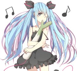 Rule 34 | 1girl, bad id, bad pixiv id, blue eyes, blue hair, dress, female focus, hatsune miku, long hair, matching hair/eyes, meet neet, musical note, one eye closed, open mouth, simple background, solo, spring onion, strap slip, themed object, twintails, very long hair, vocaloid, white background, wink