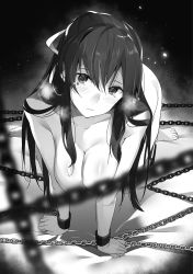 Rule 34 | aikawa shuuko, all fours, barefoot, blurry, blurry foreground, blush, breasts, chain, cleavage, collarbone, ectas online, greyscale, hair between eyes, hair ribbon, head tilt, highres, large breasts, long hair, looking at viewer, monochrome, novel illustration, official art, parted lips, ribbon, shiny skin, solo, taira tsukune, tears, very long hair