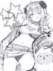Rule 34 | 1girl, ;q, absurdres, ahoge, animal ears, belt, blush, breasts, dot nose, fishnets, greyscale, hair between eyes, hair ornament, hairclip, highres, hololive, horns, jacket, jewelry, long hair, looking at viewer, medium breasts, microskirt, midriff, monochrome, nail polish, nanashi (nlo), navel, necklace, off shoulder, official alternate costume, one eye closed, open clothes, open jacket, panties, sheep, sheep ears, sheep girl, sheep horns, simple background, skirt, smile, solo, star (symbol), tongue, tongue out, tsunomaki watame, tsunomaki watame (8th costume), underwear, virtual youtuber, watamate