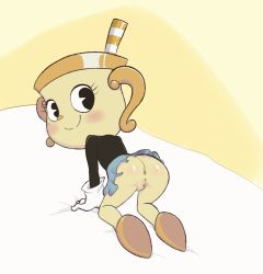 Rule 34 | 1girl, anus, ass, black eyes, black shirt, blush, cleft of venus, closed mouth, cuphead (game), eyelashes, female focus, full body, gloves, highres, long sleeves, looking back, ms. chalice, no panties, pink skirt, pussy, sake kemosalmon, shiny skin, shirt, shoe soles, skirt, smile, solo, straw, uncensored, white gloves